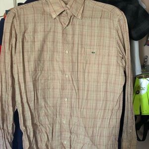 Lacoste Men’s Shirt Size 39. Cream/Pink Plaid/Check Pattern Casual/Dressy Shirt.